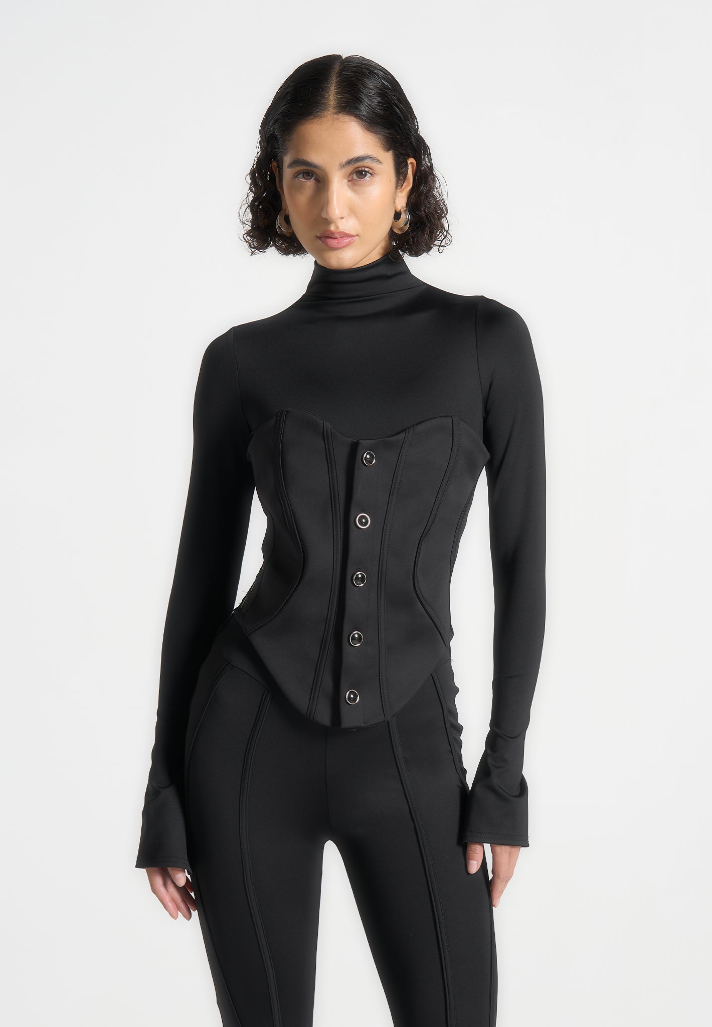 Contour Jumpsuit with Buttoned Corset - Black