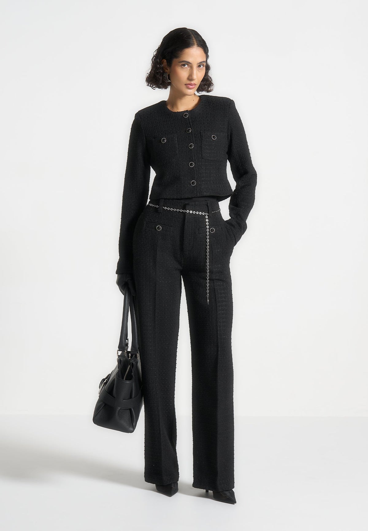 Celine - Cropped Tweed Jacket with Pearls - Black