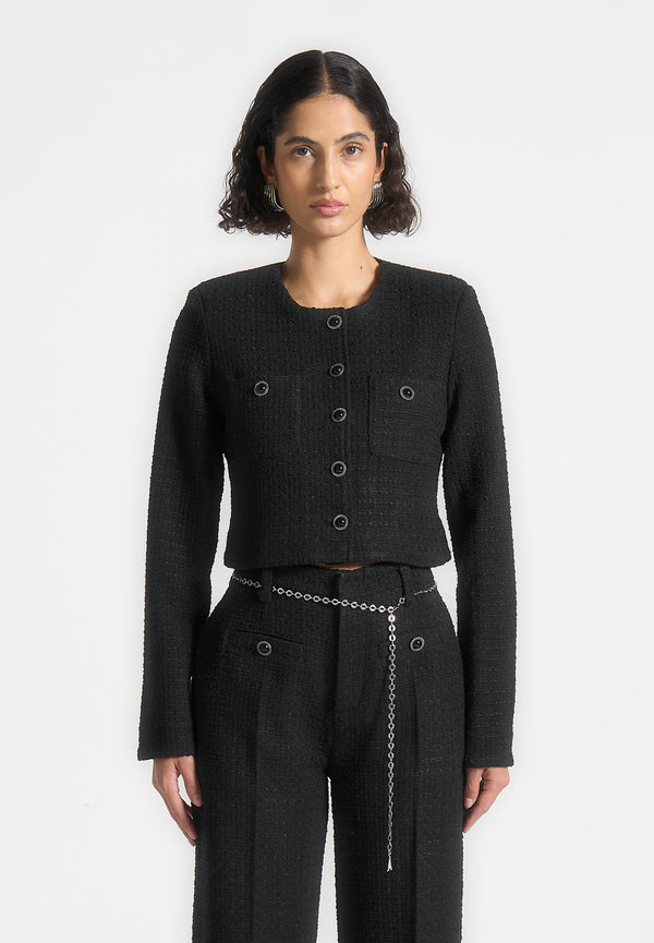 Celine - Cropped Tweed Jacket with Pearls - Black