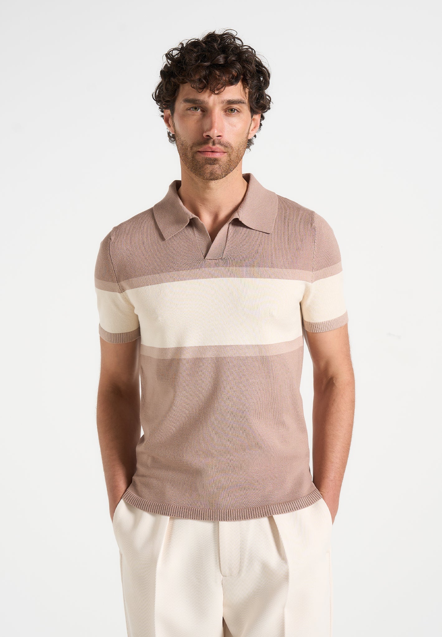Enzo - Colour Block Polo Top - Taupe 
