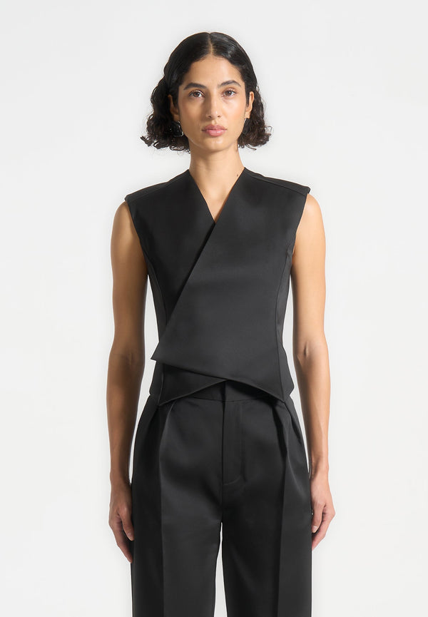 Laurence - Sateen Wrap Waistcoat - Black