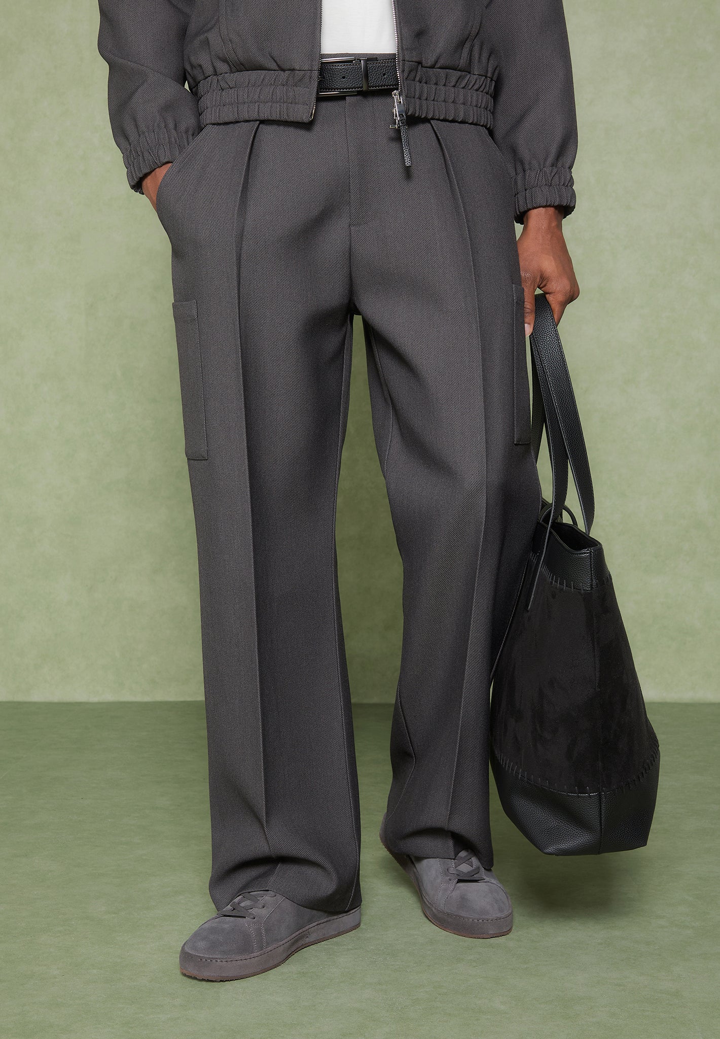 Wide Leg Pleated Pocket Trousers - Grey