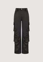 Emilie - Satin High Waisted Cargo Pants - Black