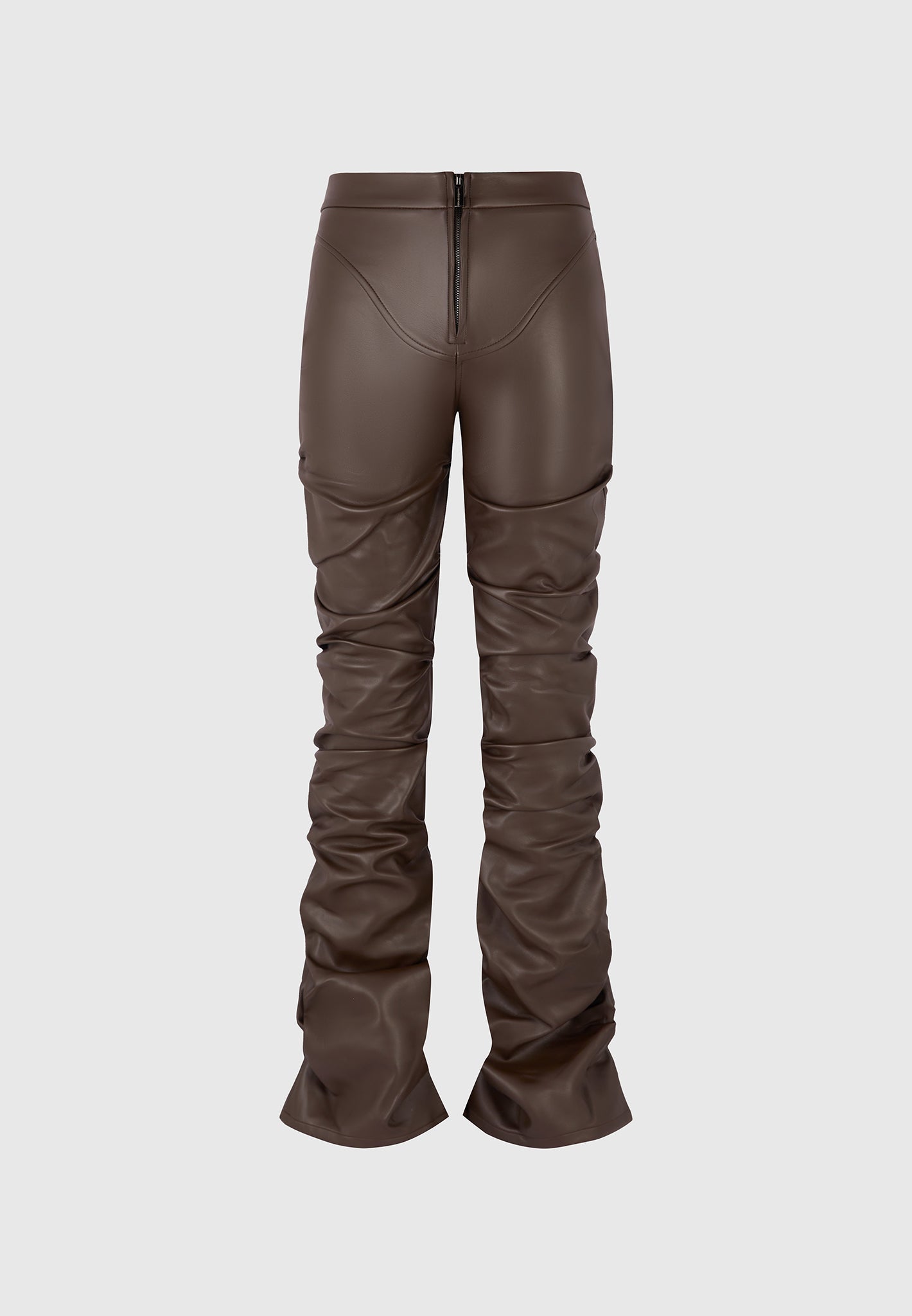 tacked-vegan-leather-flared-trousers-brown