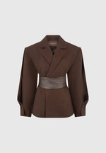 twist-sleeve-tailored-blazer-with-belt-brown