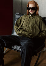 Kirsty - Oversized Pleated Suede Bomber Jacket - Dark Sage