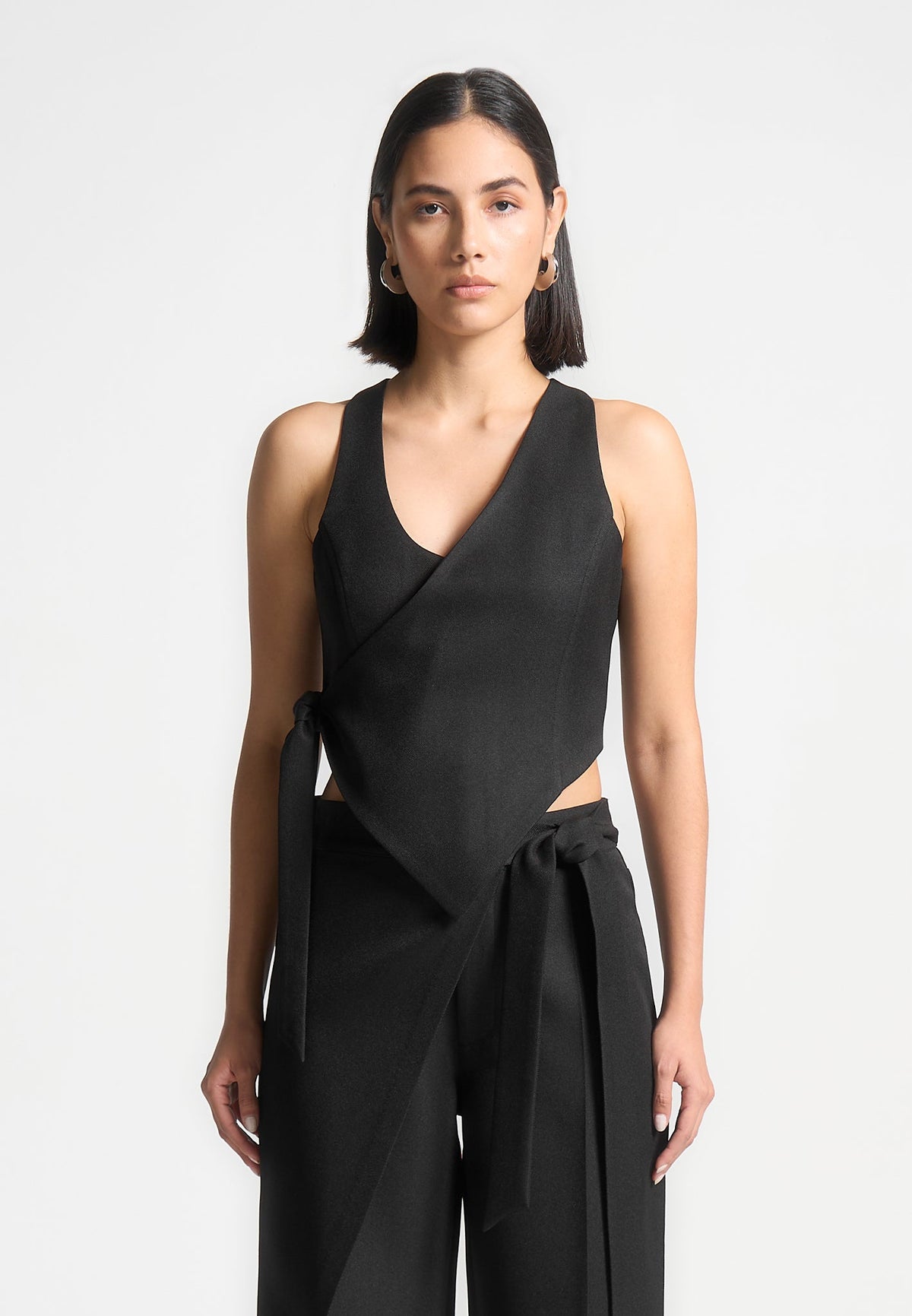 Asymmetric Tailored Waistcoat with Tie - Black