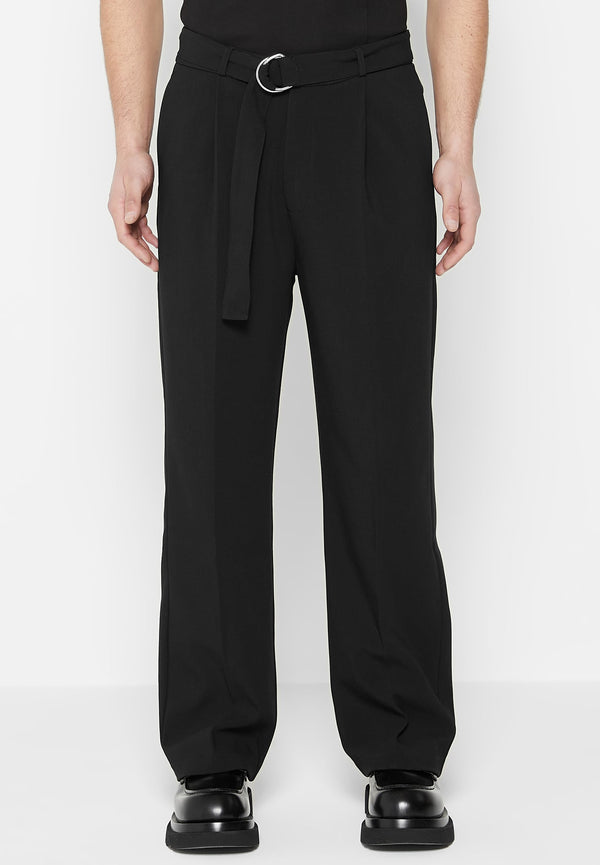 Relaxed Fit Woven Belted Tailored Trousers - Black