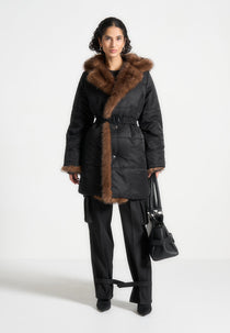 Alima - Fur Longline Belted Coat - Black