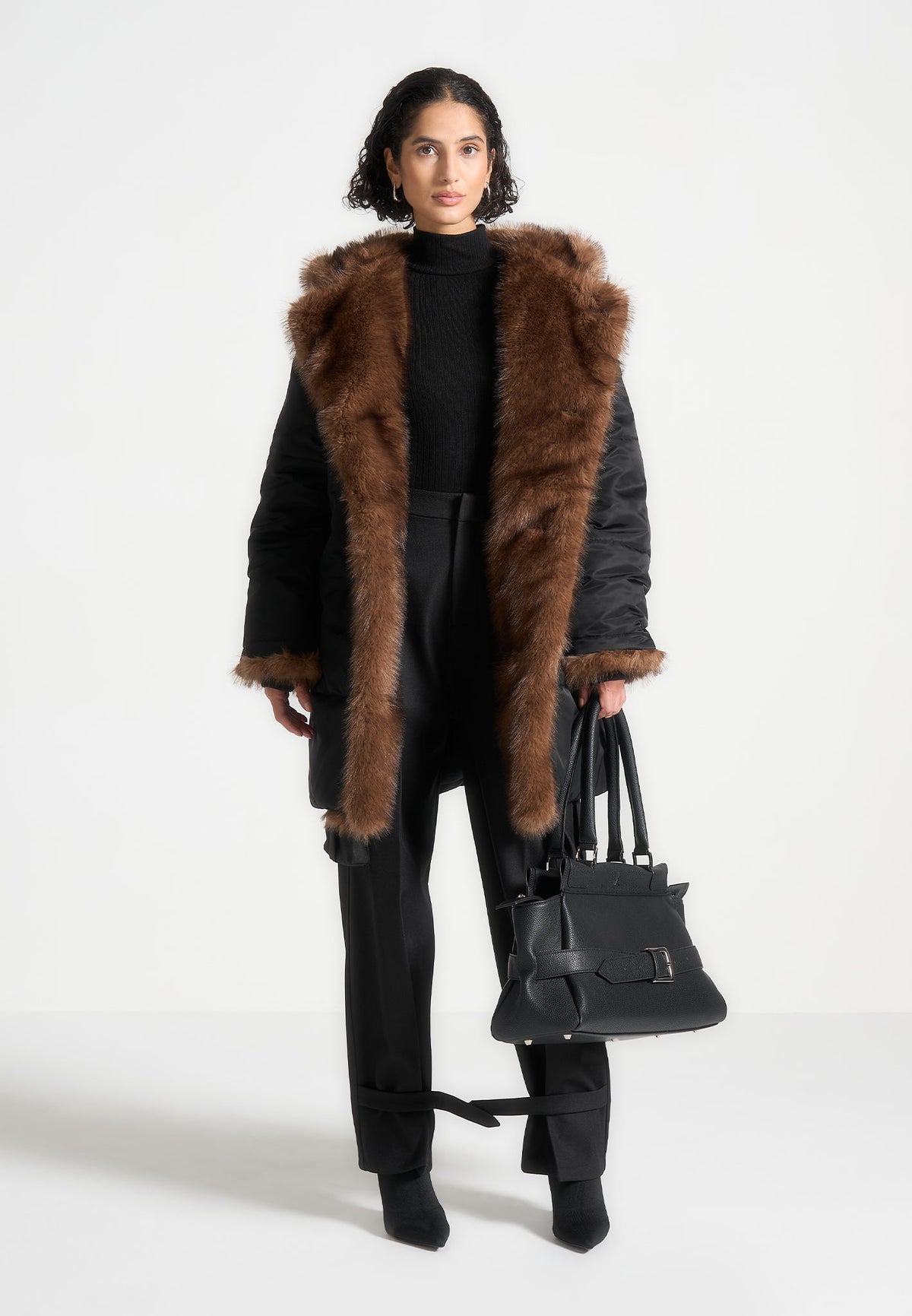 Alima - Fur Longline Belted Coat - Black