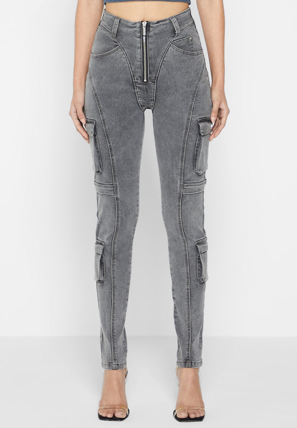 Cargo Pocket Skinny Jeans - Washed Grey
