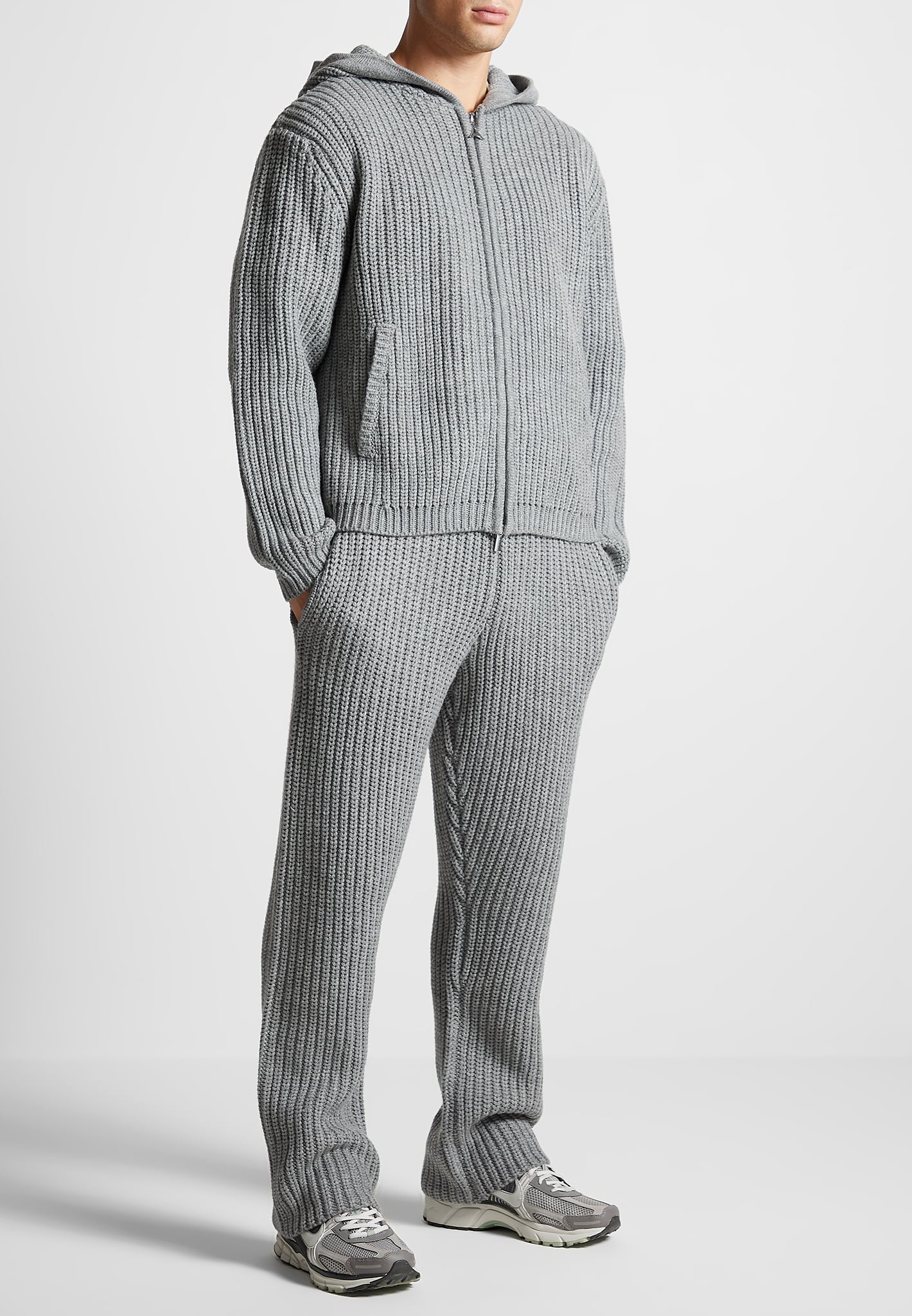Men's Chunky Knit Zip Through Hoodie - Grey - M - Manière de Voir