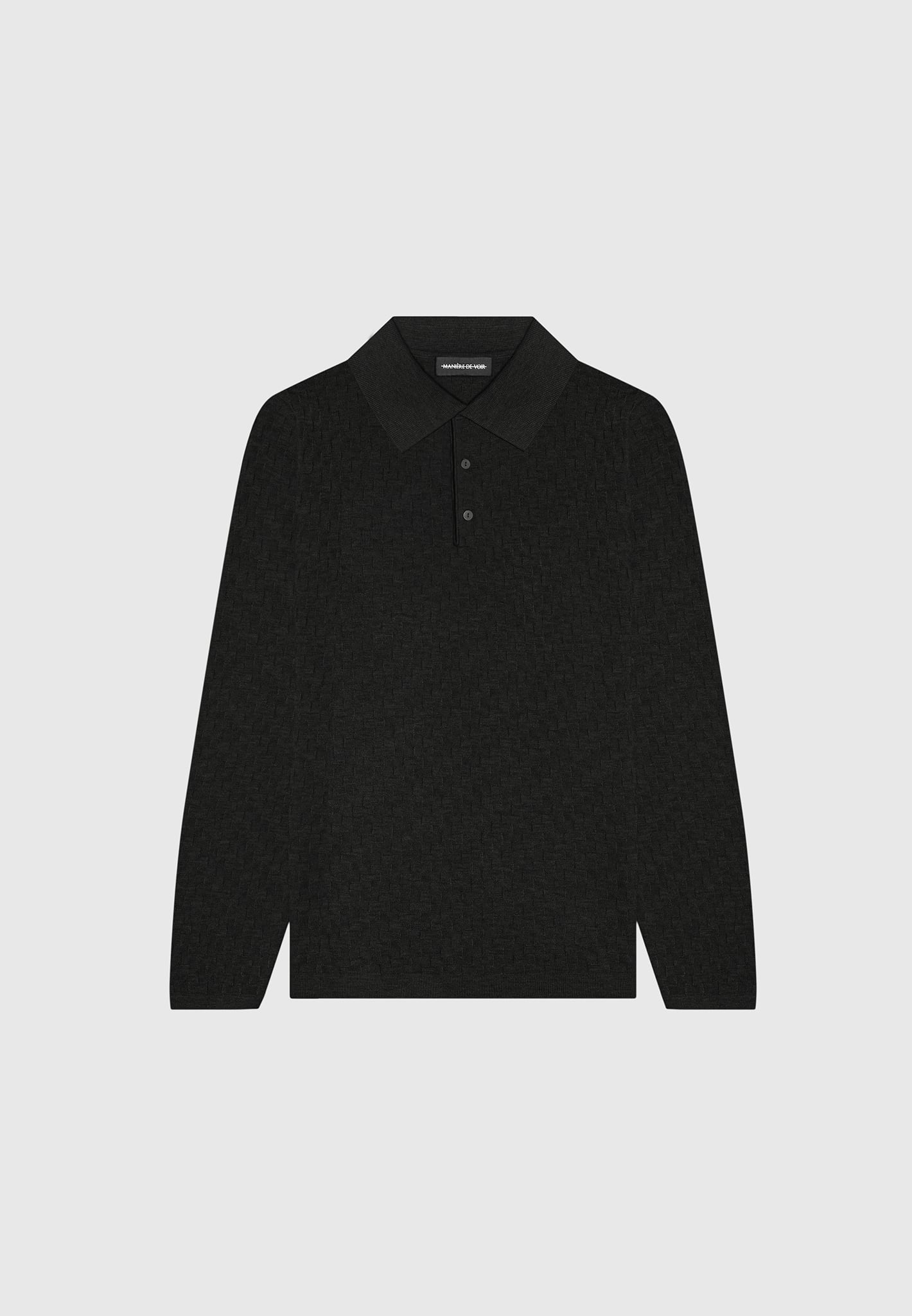 cotton-blend-waffle-knit-long-sleeve-polo-top-black