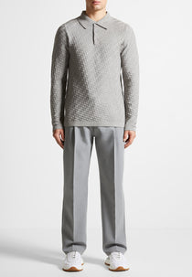 Cotton Blend Waffle Knit Long Sleeve Polo Top - Grey
