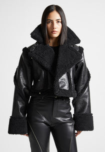 Leather Borg Contour Biker Jacket - Black