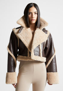 Leather Borg Contour Biker Jacket - Brown