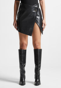 Cracked Leather Wrap Skirt - Black