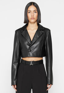 Cropped Leather Blazer with Open Back - Black