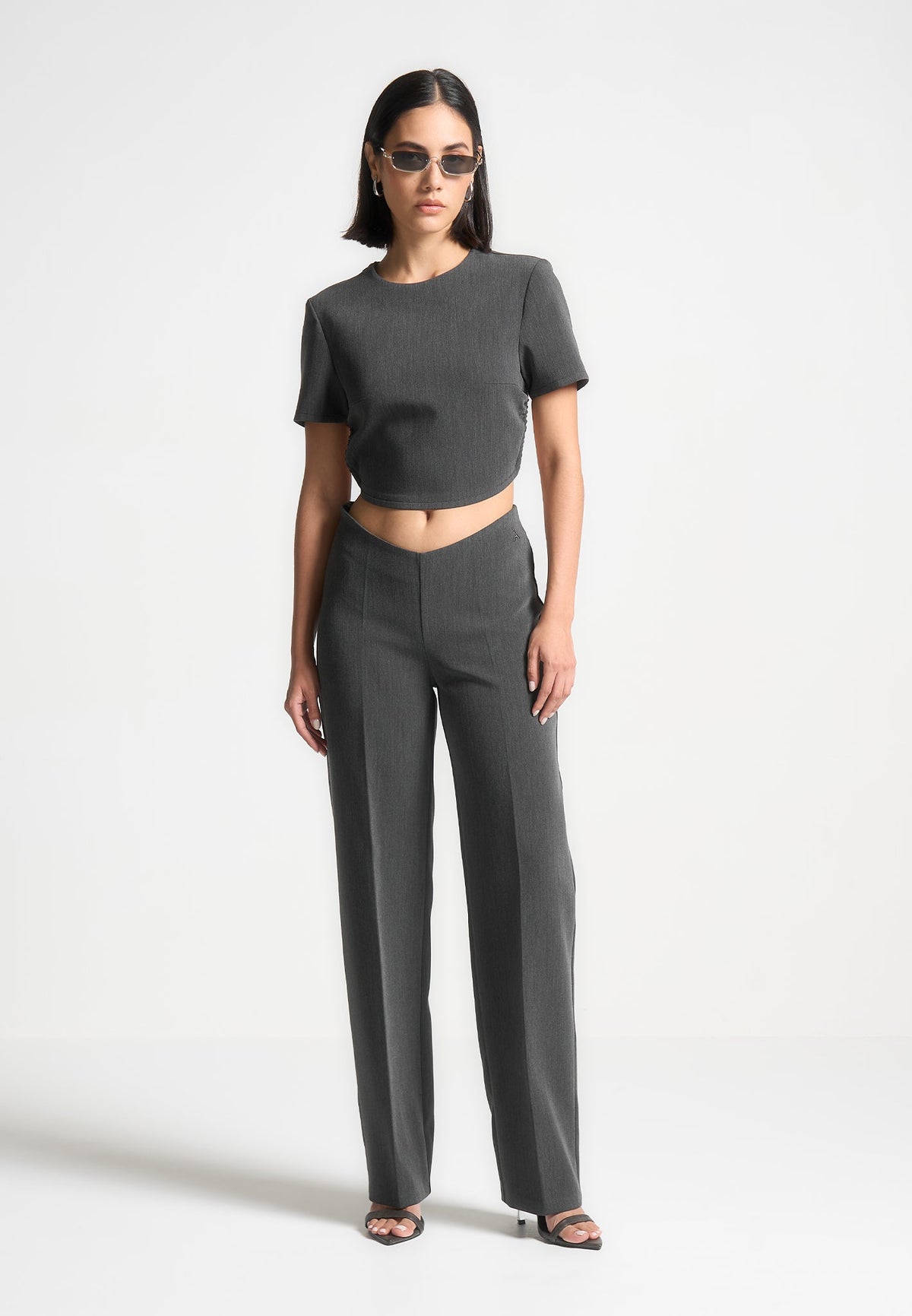 Curved Waist Tailored Pants - Dark Grey