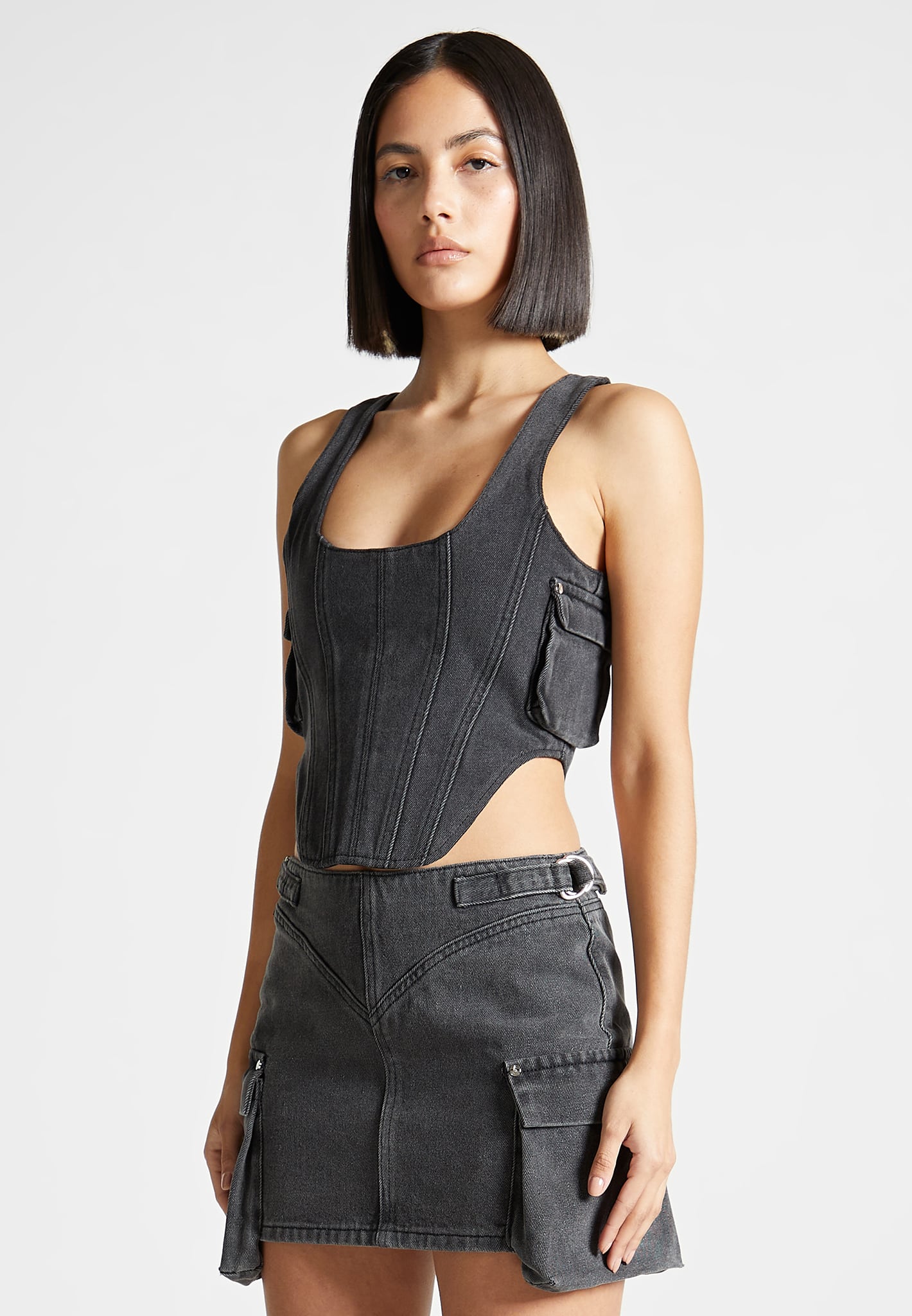 Denim Cargo Corset Top - Washed Black