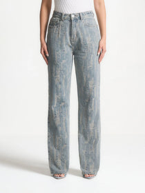 Posie - Distressed High Rise Straight Leg Jeans - Mid Blue
