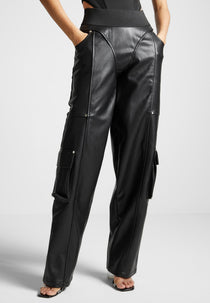 Elasticated Waist Leather Cargo Pants - Black