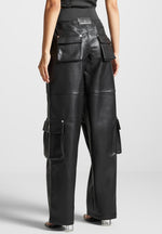 elasticated-waist-vegan-leather-cargo-trousers-black