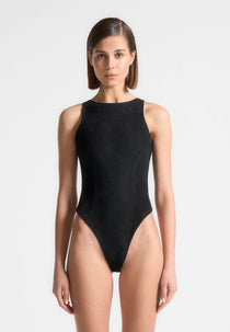 Adele - Suede Racer Neck Bodysuit - Black