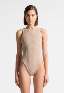 Adele - Suede Racer Neck Bodysuit - Taupe
