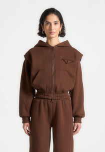 Wide Shoulder Zip Through Hoodie - Brown