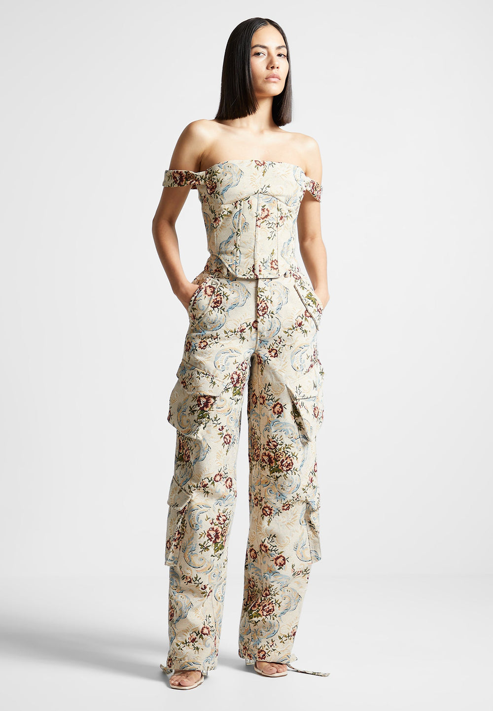 floral-jacquard-high-waisted-cargo-pants-beige