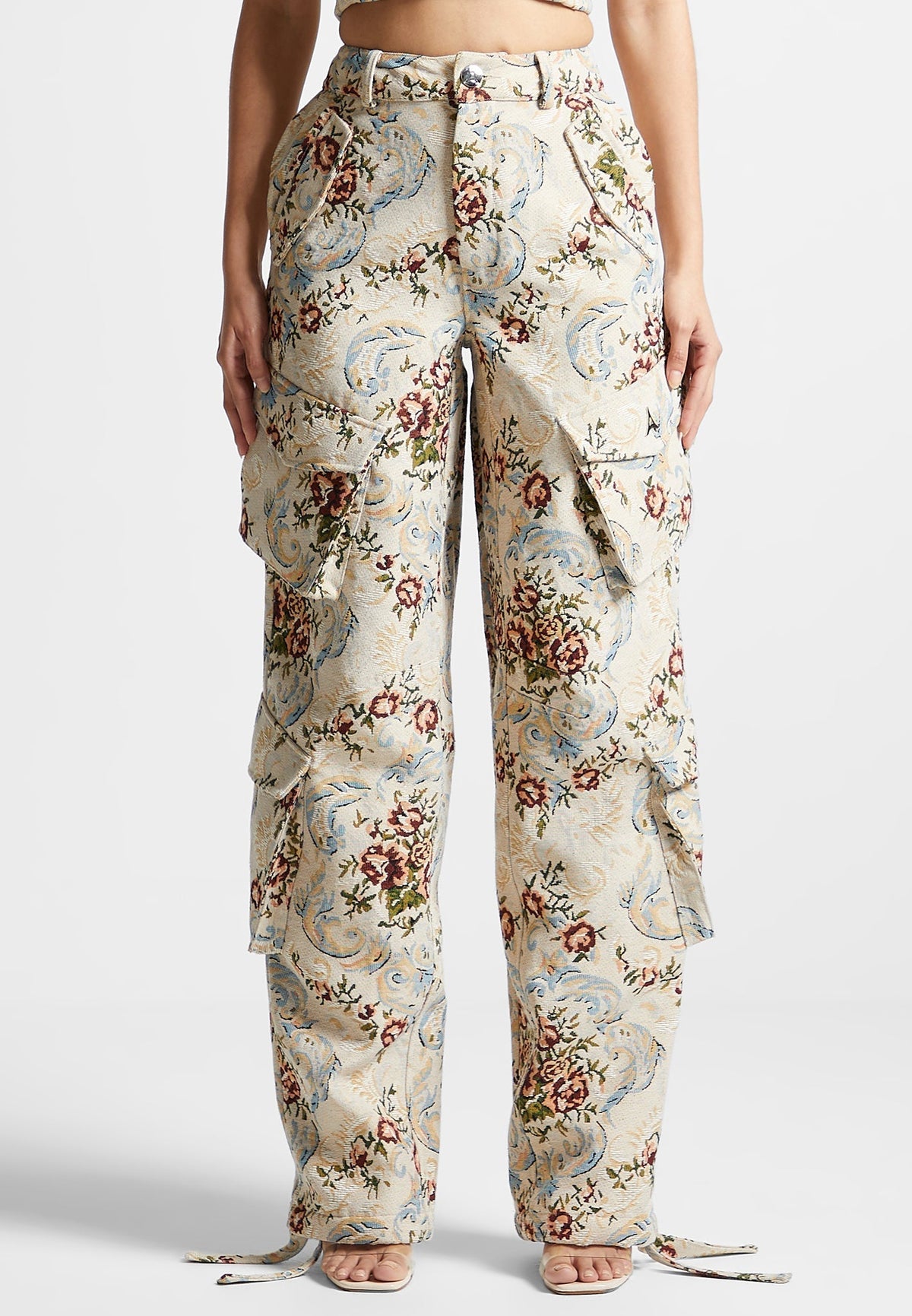 Anne - Floral Jacquard High Waisted Cargo Pants - Beige