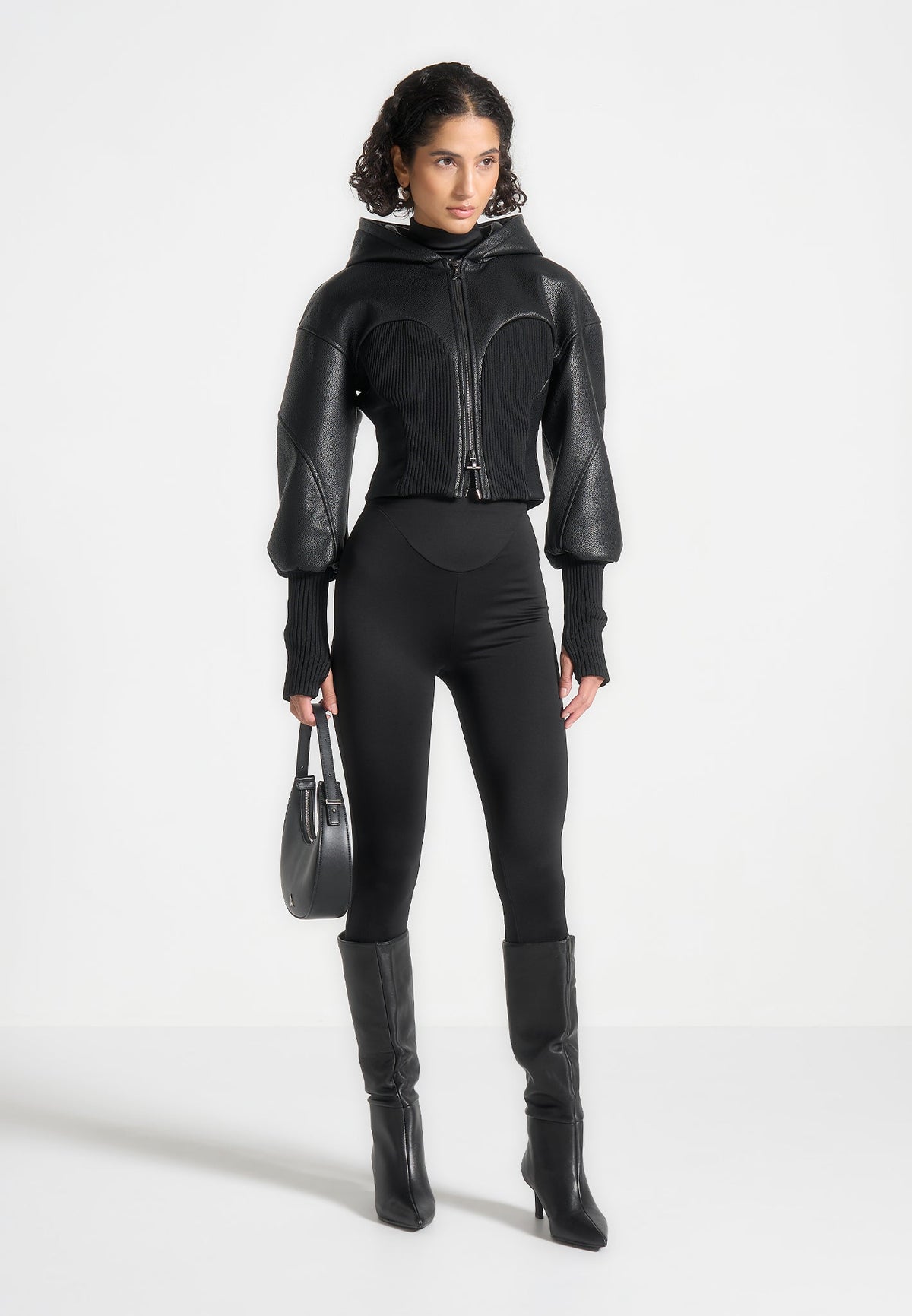 Amani - Hooded Pebbled Leather Contour Jacket - Black