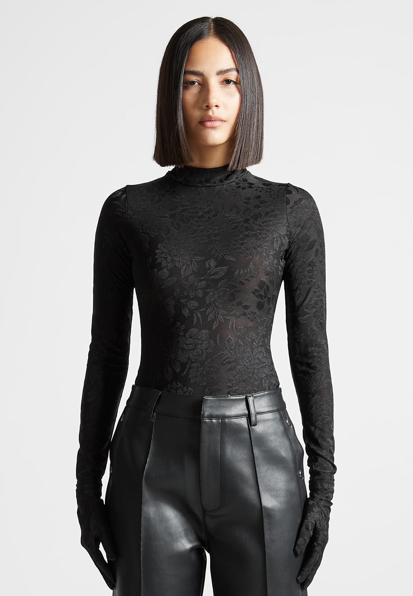 Ivy – Jacquard-Body mit Handschuhen – Schwarz