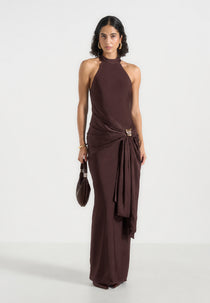 Willow - Halter Neck Clasp Detail Satin Sash Maxi Dress - Brown