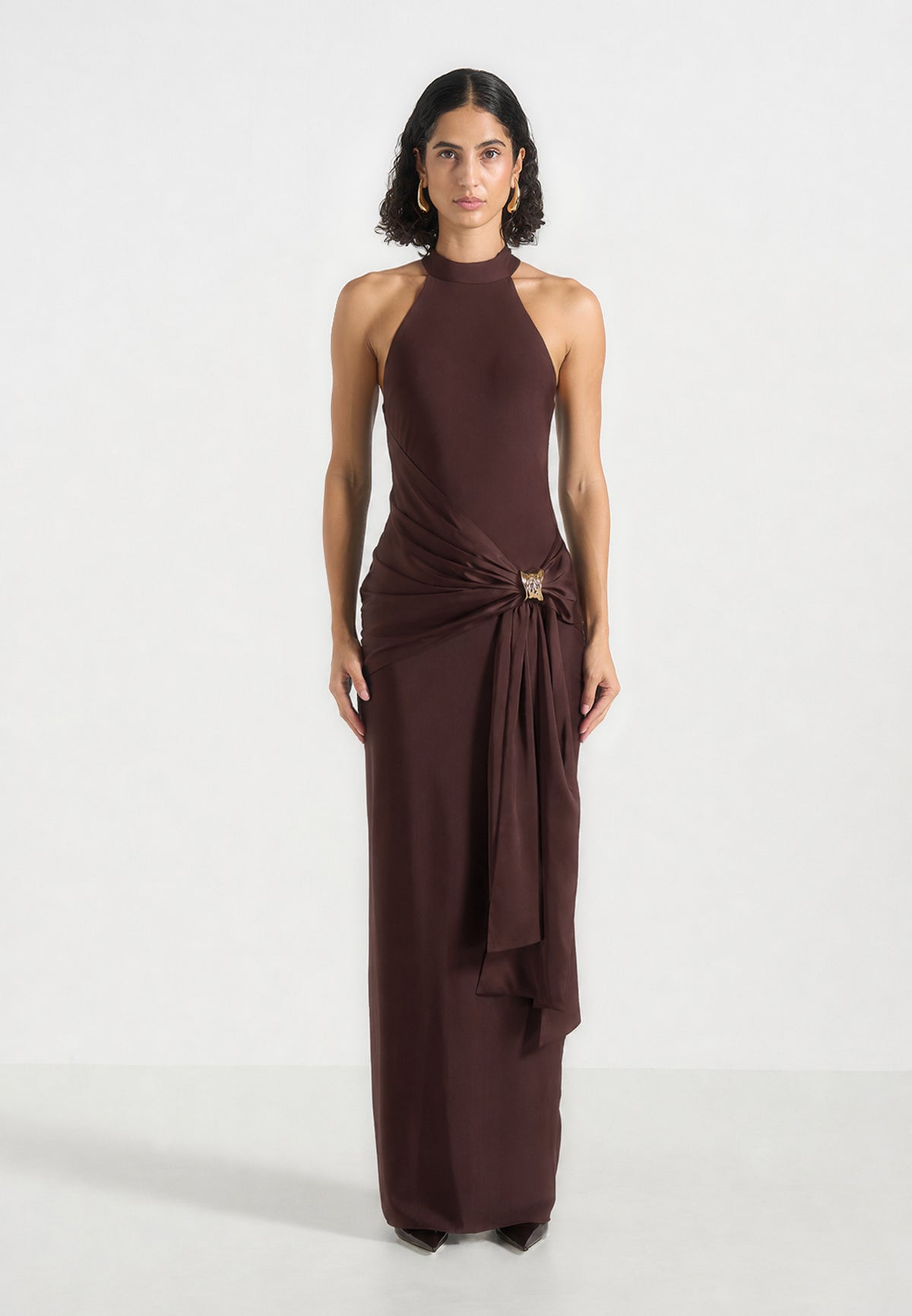 Willow - Halter Neck Clasp Detail Satin Sash Maxi Dress - Brown