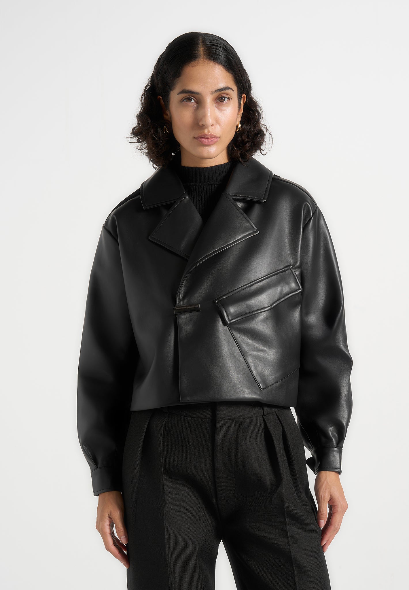 Double Breasted Leather Biker Jacket - Black 