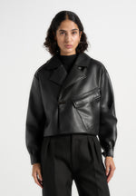 Double Breasted Leather Biker Jacket - Black