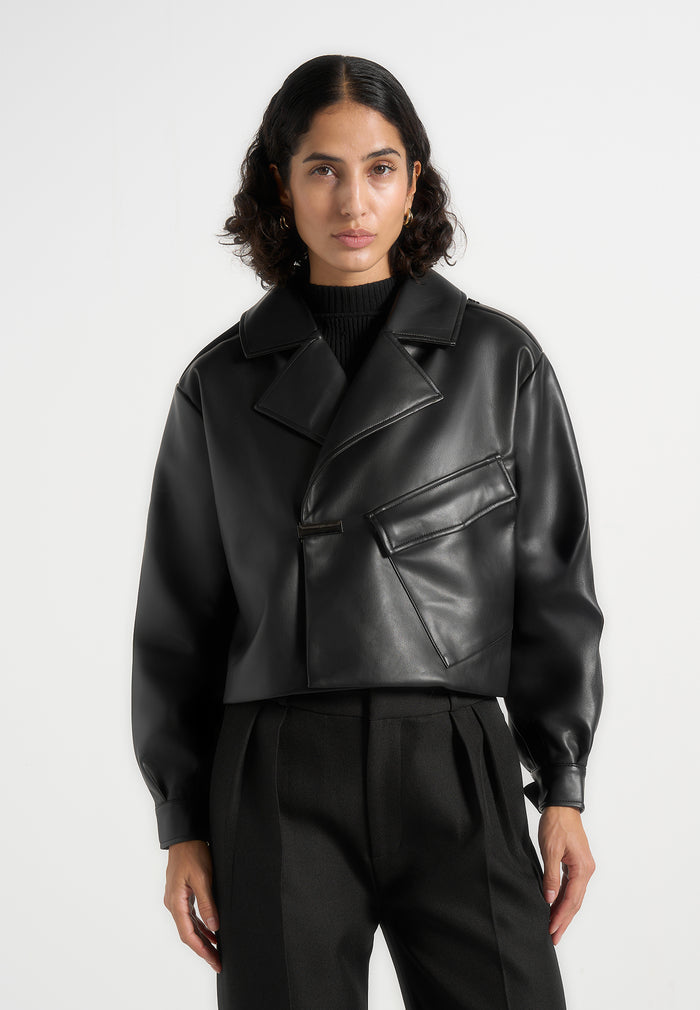 Double Breasted Leather Biker Jacket - Black