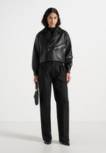 Double Breasted Leather Biker Jacket - Black