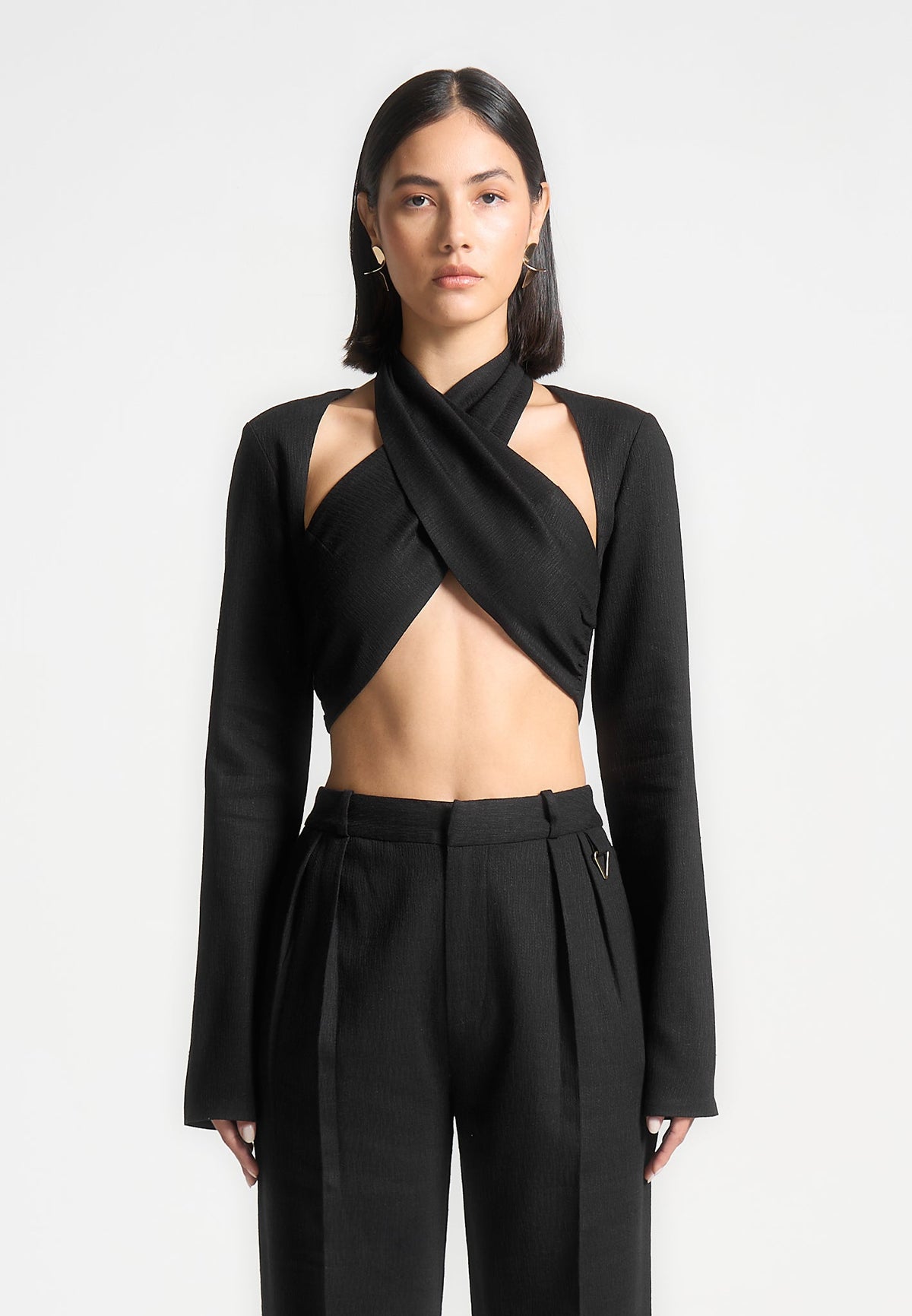 Wendy - Linen Crossover Bolero Top - Black