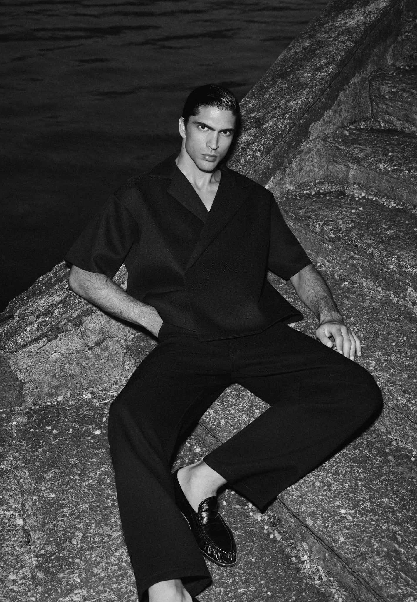 Abel - Boxy Twill Double Breasted Shirt - Black