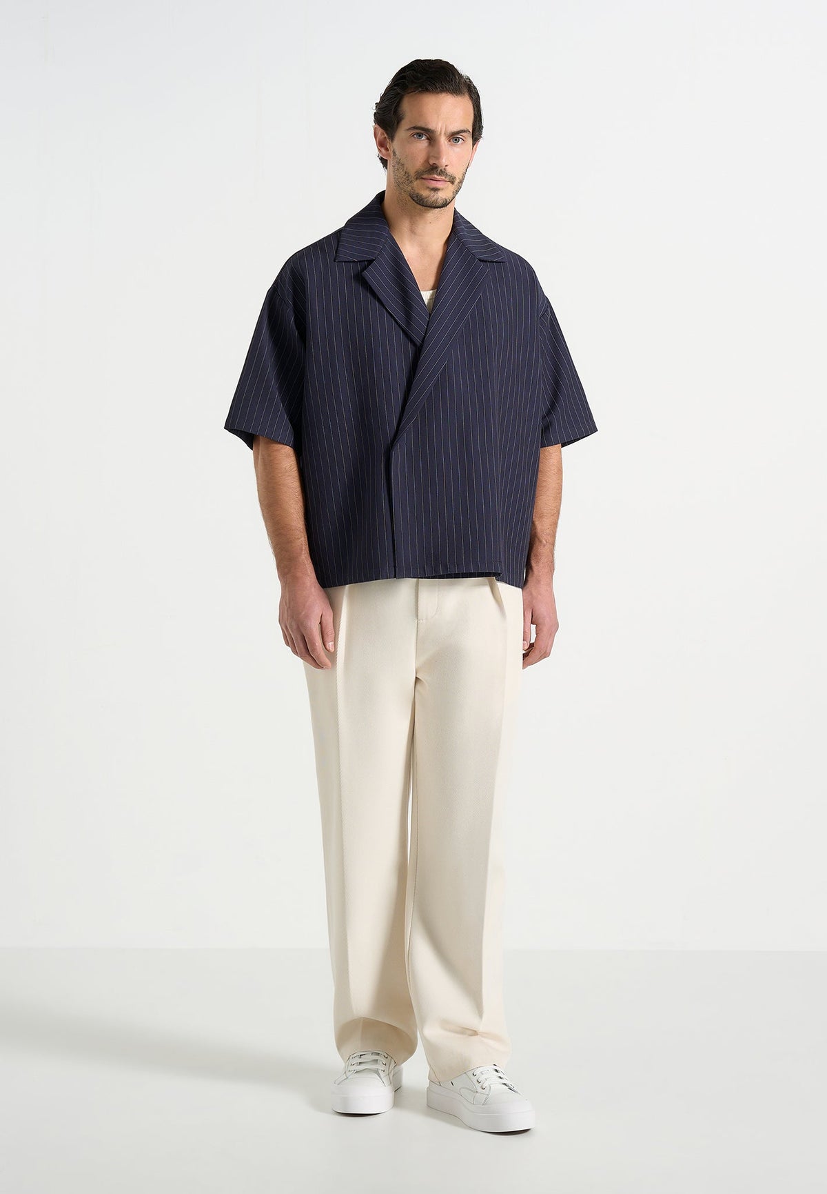 Abel - Boxy Pinstripe Double Breasted Shirt - Navy