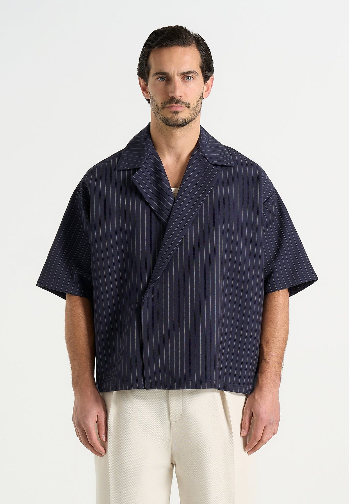 Abel - Boxy Pinstripe Double Breasted Shirt - Navy