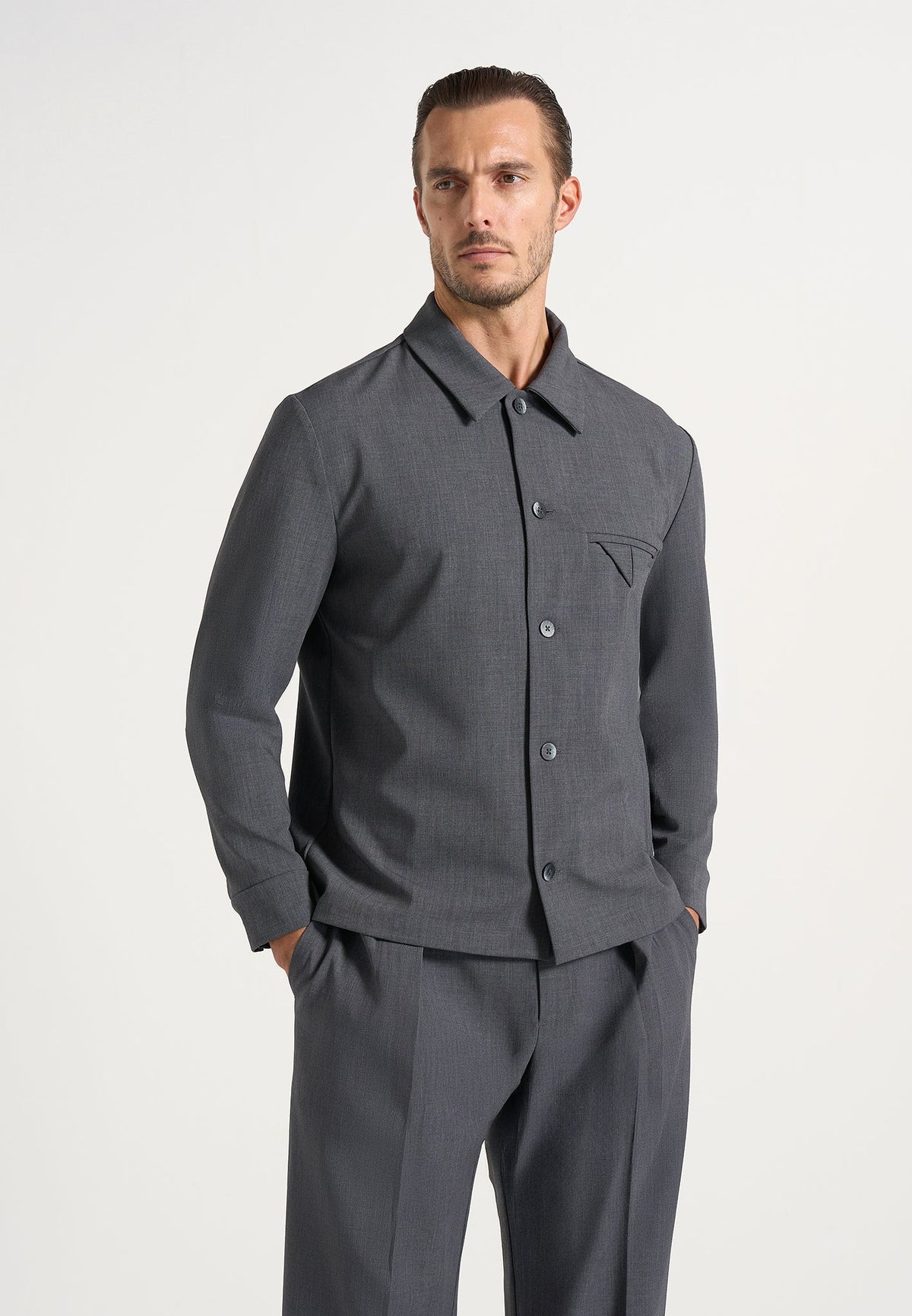Leo - Hatched Tailored Wool-Blend Overshirt - Grey