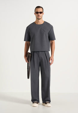 Leon - Boxy Cropped Hatched Wool-Blend T-Shirt - Grey