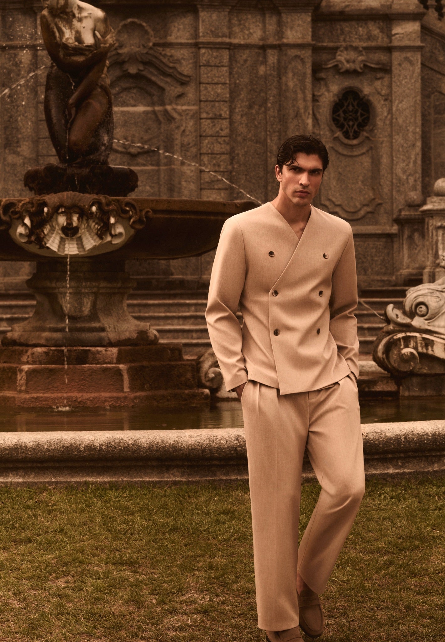 Pierre - Twin Pleat Tailored Pants - Beige