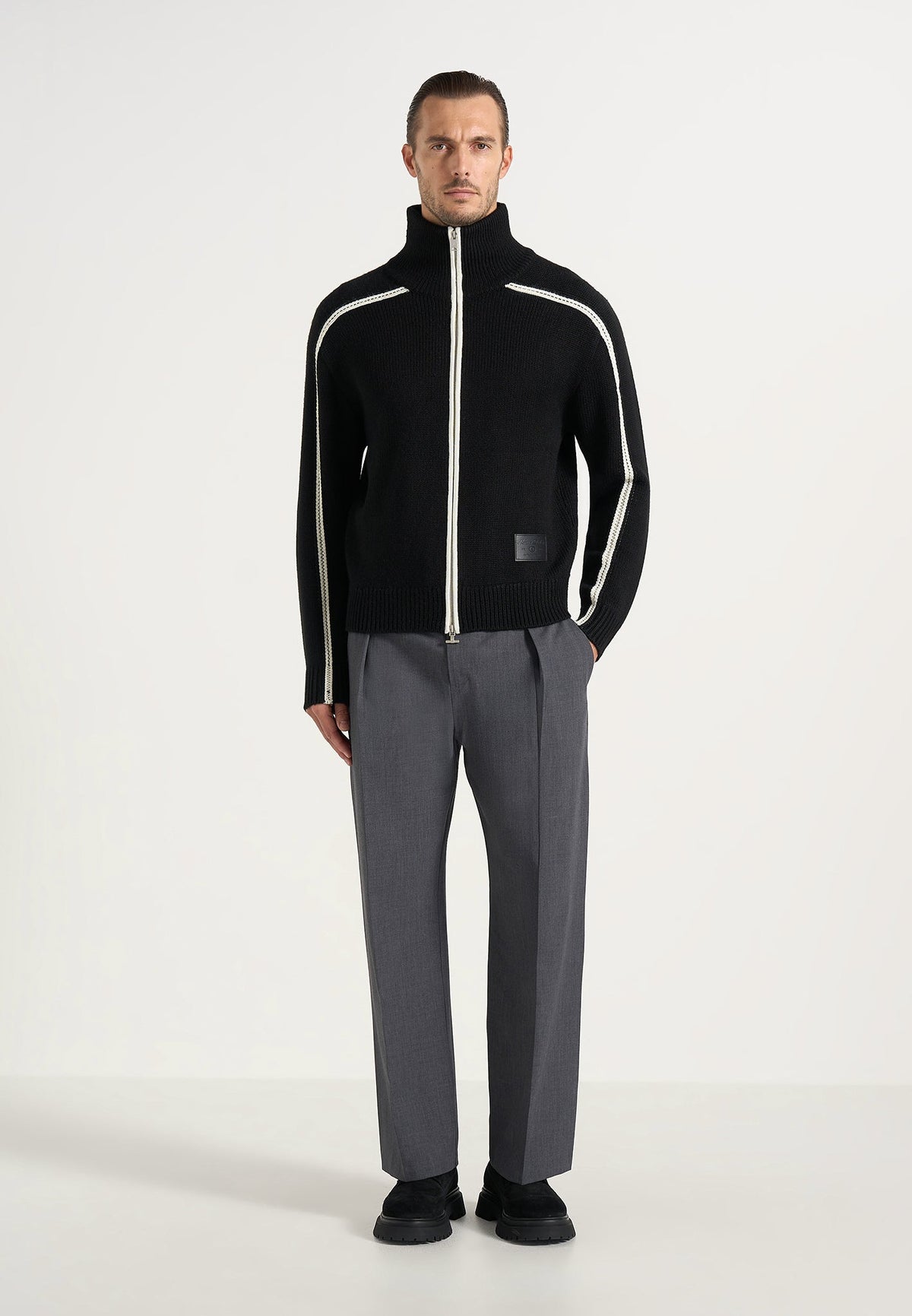 Malo - Contrast Piped Wool-Blend Zip-Through Cardigan - Black