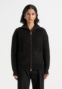 Jamie - Unisex Speckled Wool Zip Through Jacket - Black
