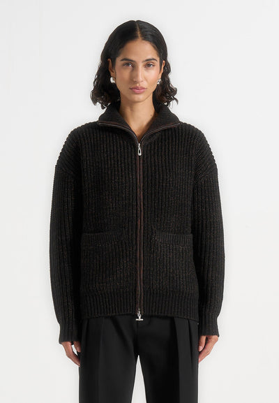 Jamie - Unisex Speckled Wool Zip Through Jacket - Black